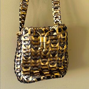 Gold and Black Fake Leather Woven Rings Shoulder Bag